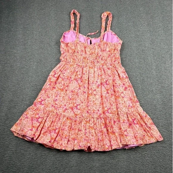 American Eagle Small Silky Tie-Front Mini Dress Pink Orange Floral Summer - Picture 2 of 8